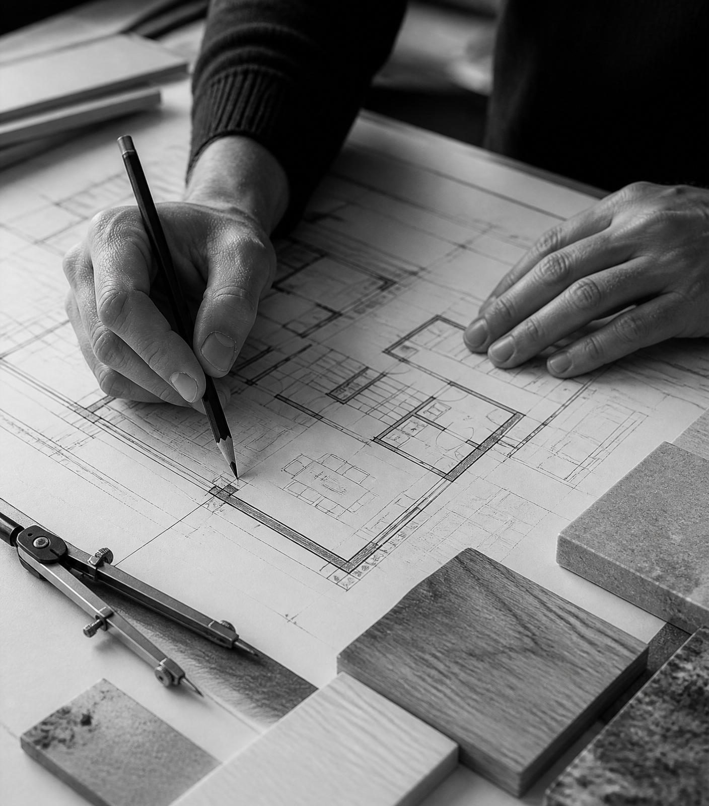 Mãos de arquiteto sobre planta arquitetônica
